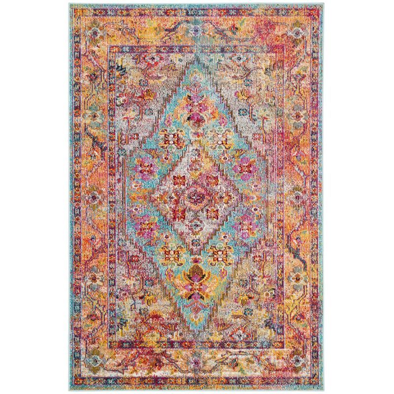 Light Blue and Orange Floral Motif Rectangular Area Rug, 4' x 6'