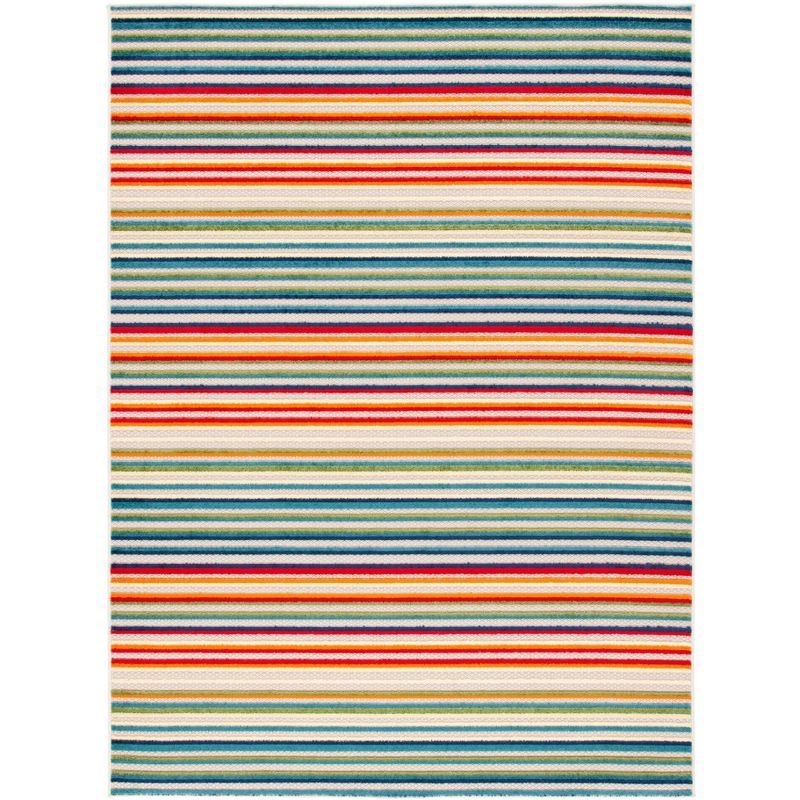 Ivory and Green Striped Synthetic Indoor/Outdoor Area Rug