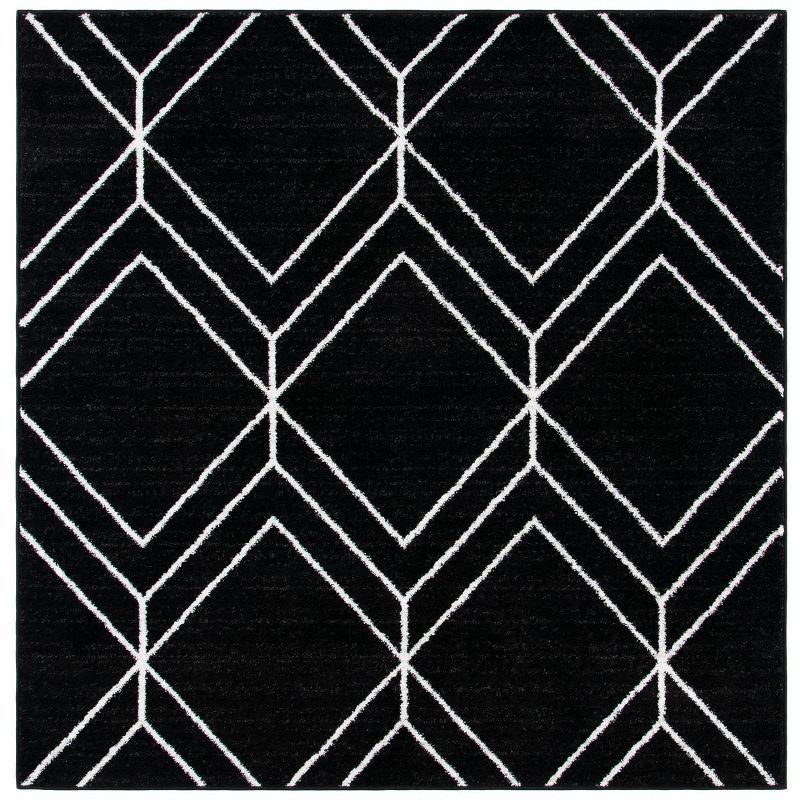 Adirondack Black and Ivory Geometric Square Synthetic Rug, 4' x 4'