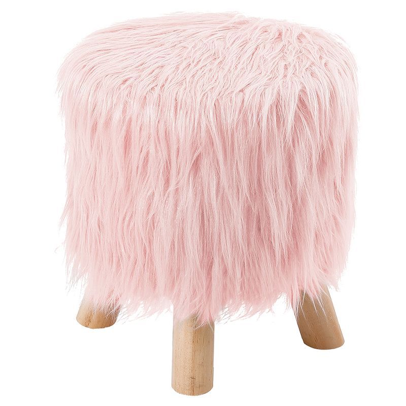 Pink Faux Fur Round Stool with Natural Wood Legs
