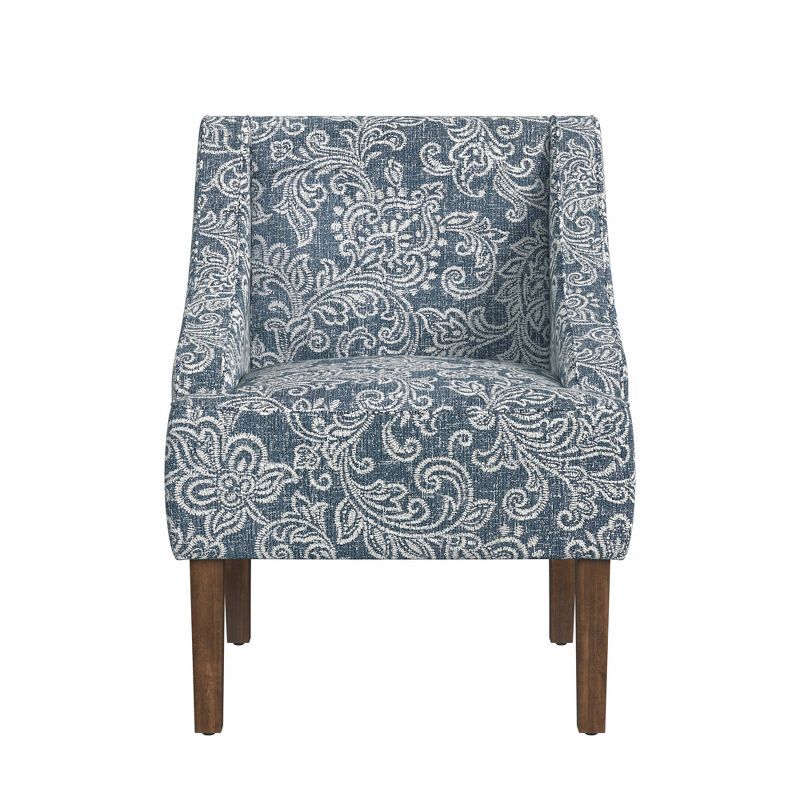 Blue Denim Jacobean Print Swoop Arm Accent Chair with Wood Legs