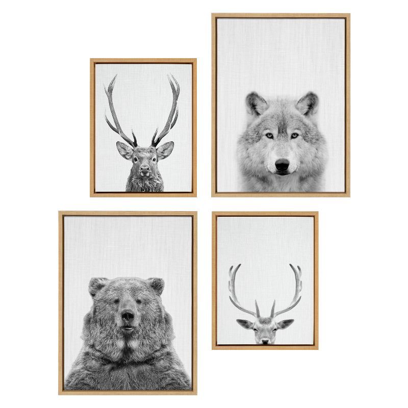 Natural Wood Framed Black and White Animal Canvas Art Set