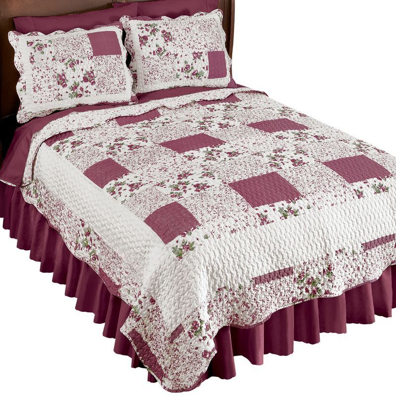 King Burgundy Floral Patchwork Reversible Quilt