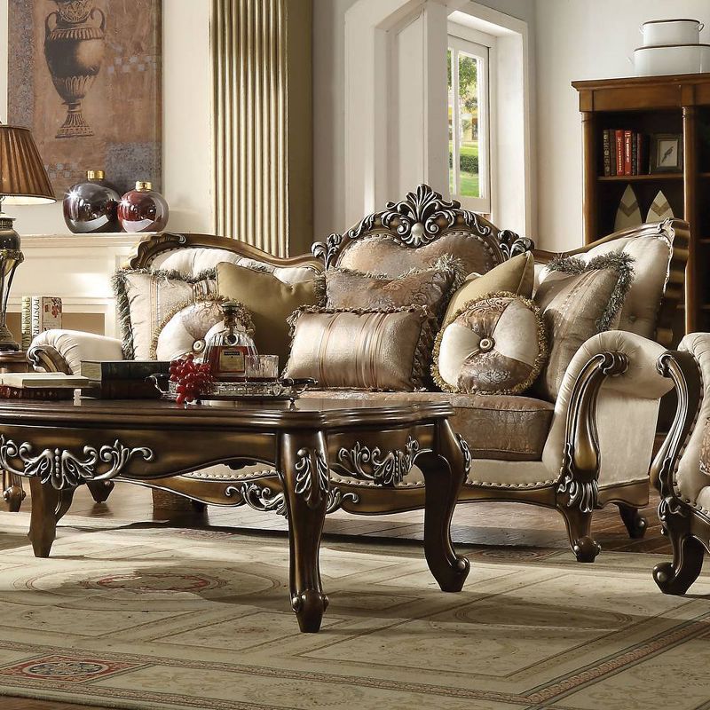 Latisha Tan Pattern Fabric Sofa with Antique Oak Frame