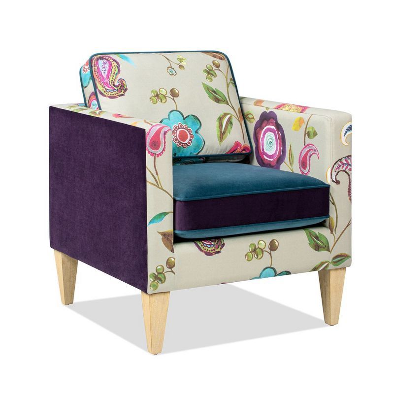 Blue and Purple Floral Velvet Accent Chair with Pinewood Frame