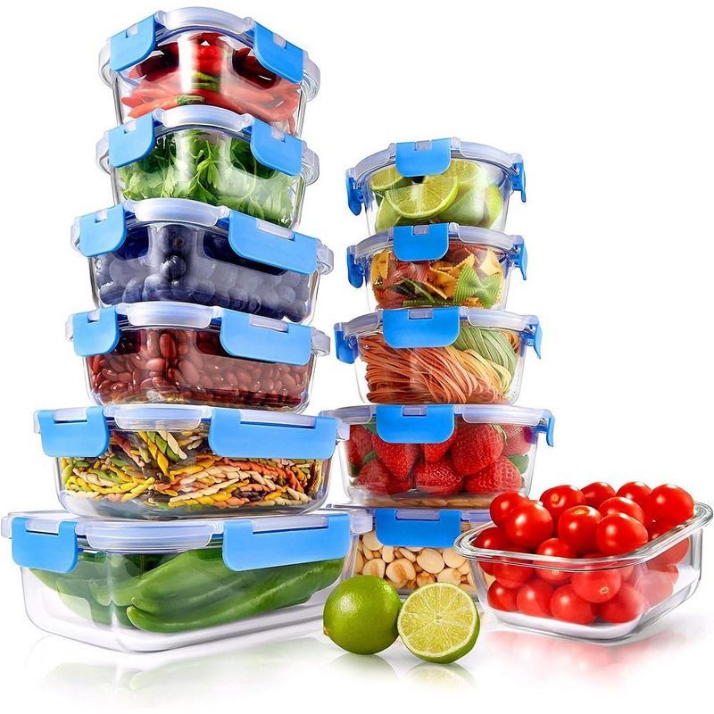 24-Piece Blue Glass Food Storage Container Set with Locking Lids