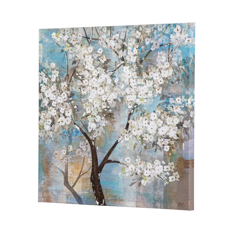 White Blossom Tree Painting on Canvas with Teal and Tan Accents