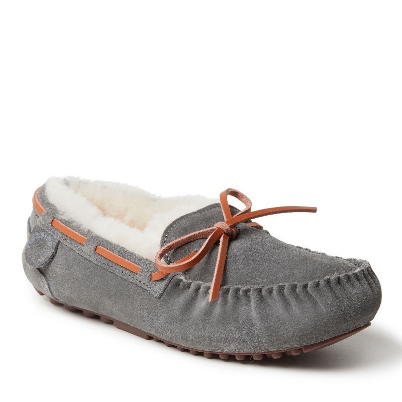 Victoria Grey Genuine Shearling & Suede Moccasin Slippers