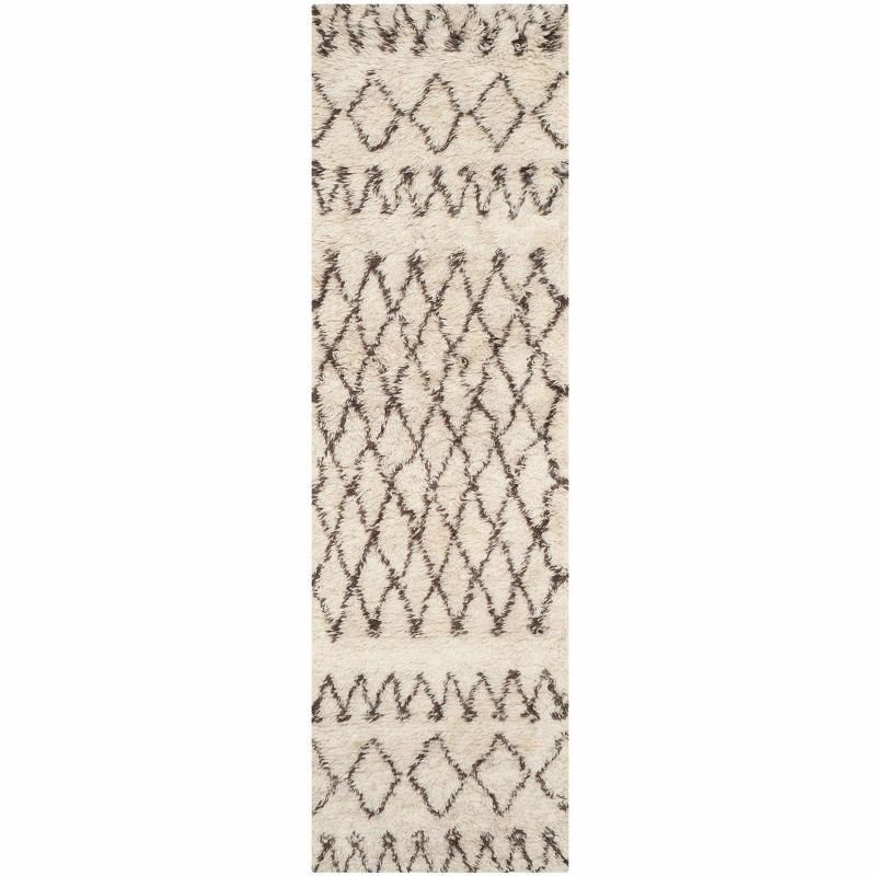 Ivory and Dark Brown Hand-Tufted Wool Shag Runner Rug - 2'3" x 6'