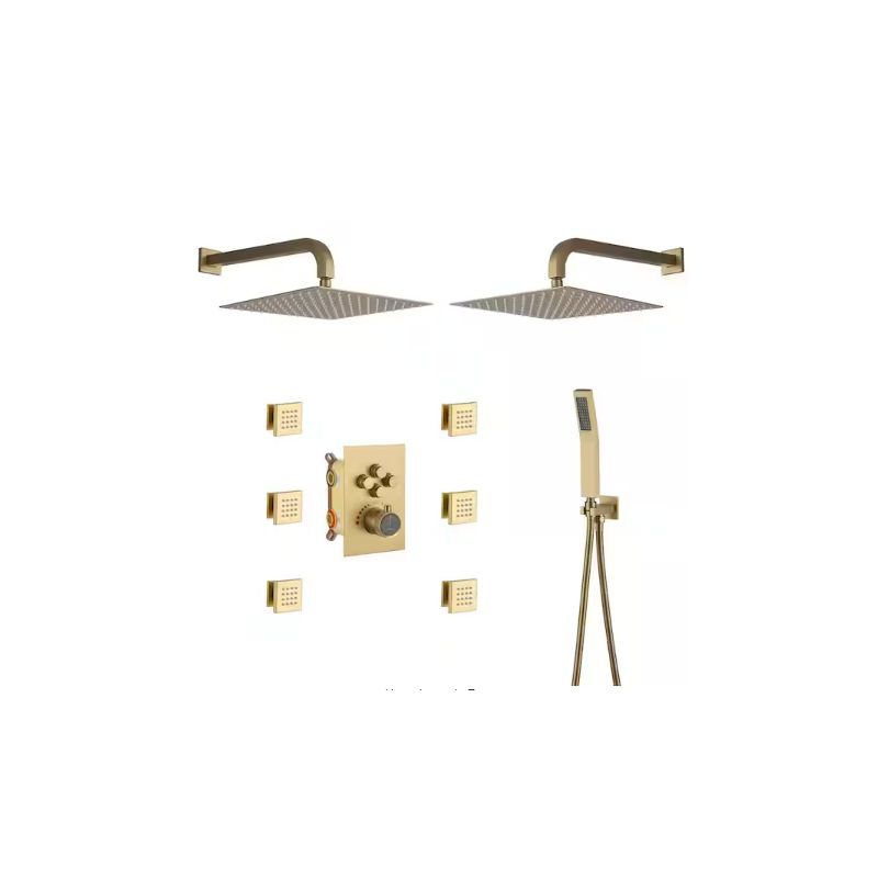Brushed Gold Thermostatic Dual Showerhead System with Body Spray