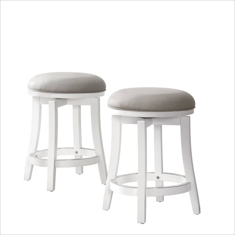 White Swivel Backless Wood and Leather Counter Stools, Set of 2