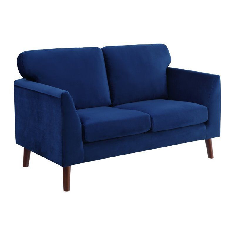 Tolley Blue Velvet Loveseat with Dark Wood Legs