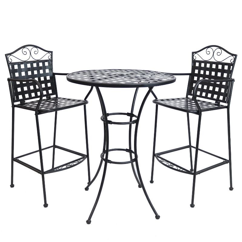 Black Wrought Iron Outdoor Bar Table and Chair Set