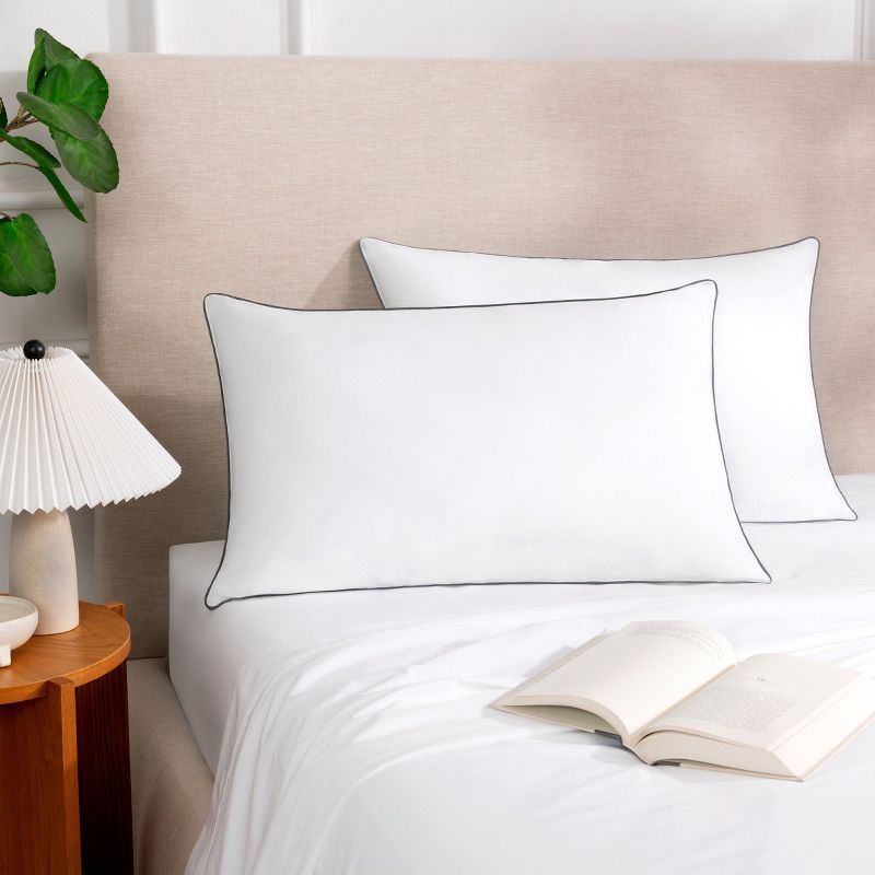 Queen Size White Hypoallergenic Polyester Bed Pillows with Silver Piping