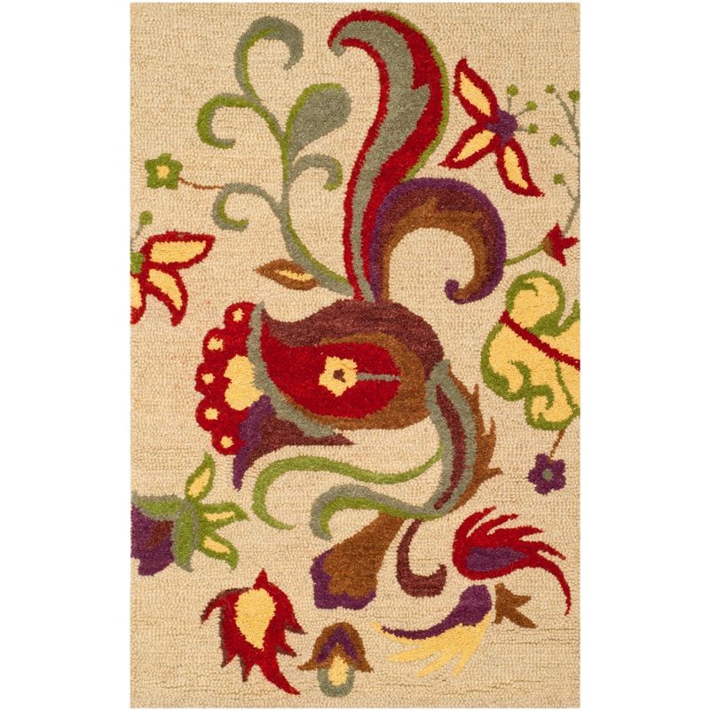 Handmade Beige and Multicolor Floral Wool Accent Rug