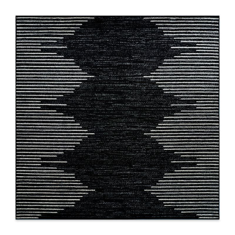Black and White Synthetic Square Bohemian Stripe Area Rug