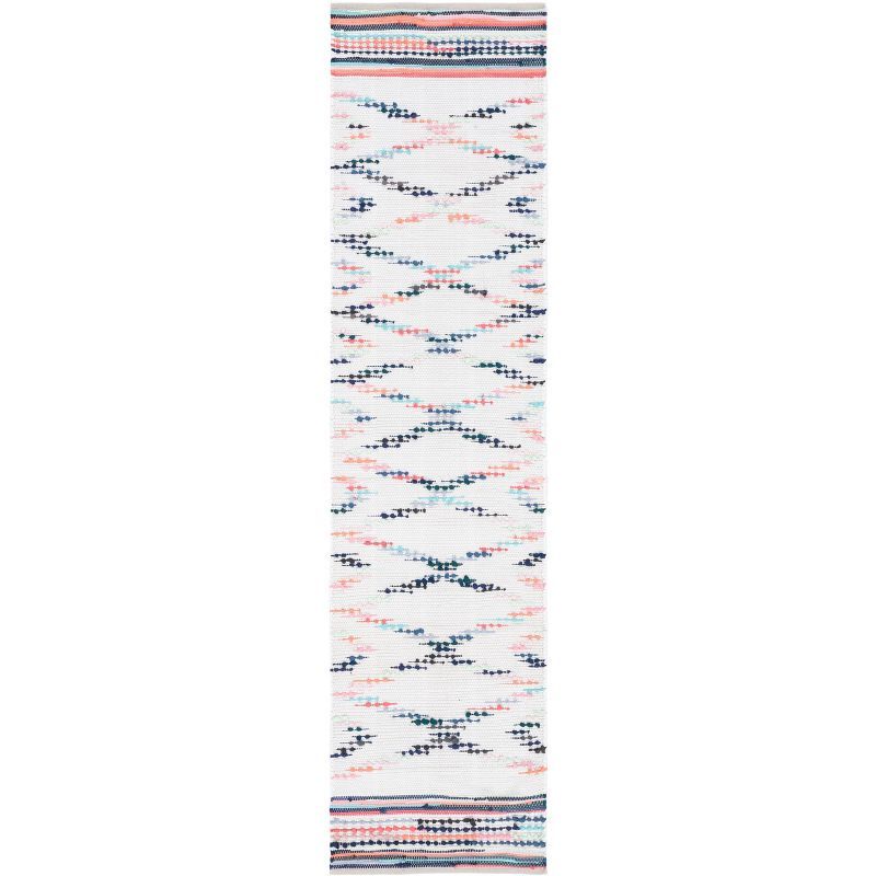 Ivory and Blue Flat Woven Cotton Area Rug, 27" x 9'