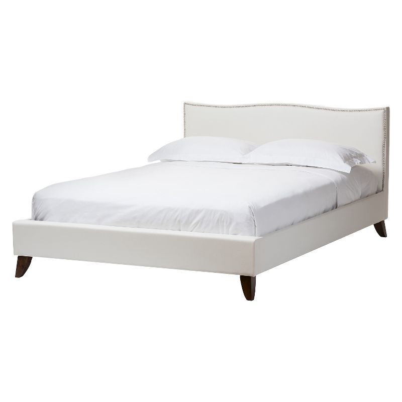 Queen White Faux Leather Upholstered Bed with Nailhead Trim