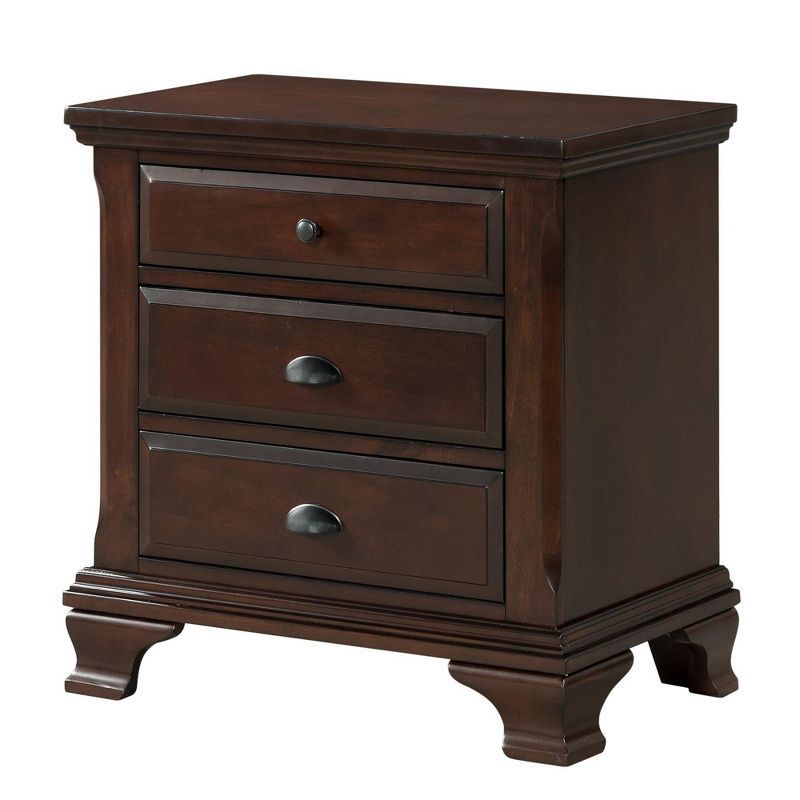 Transitional Deep Cherry 3-Drawer Nightstand with Pewter Knobs