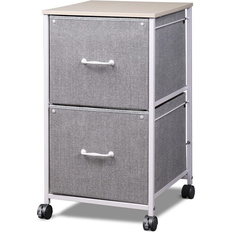 Light Gray Fabric and Steel 2-Drawer Mobile File Cabinet with Wooden Top