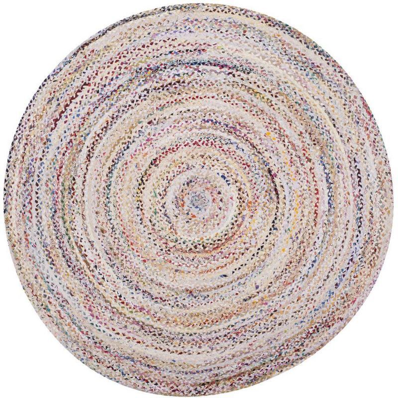 Ivory and Multicolor Braided Round Wool and Cotton Rug