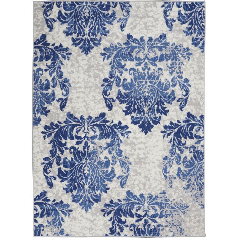 Ivory Navy Floral Damask 6' x 9' Synthetic Reversible Area Rug