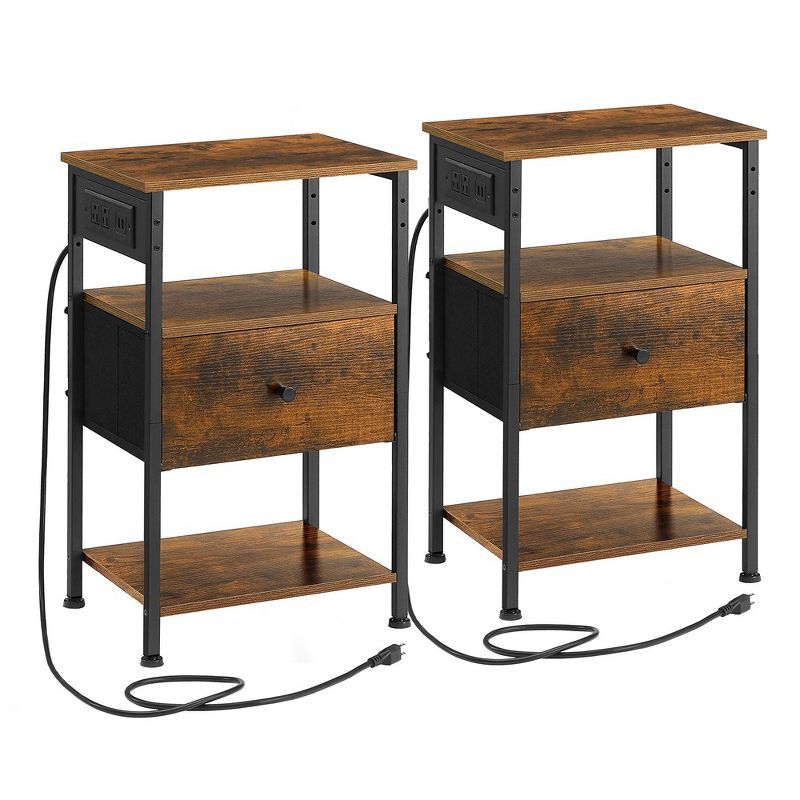 Brown Particle Board and Iron 2-Drawer Nightstand Set with Charging Station