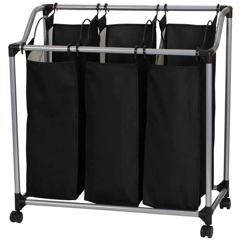 Black and Silver Triple Laundry Sorter with Wheels and Mesh Bags