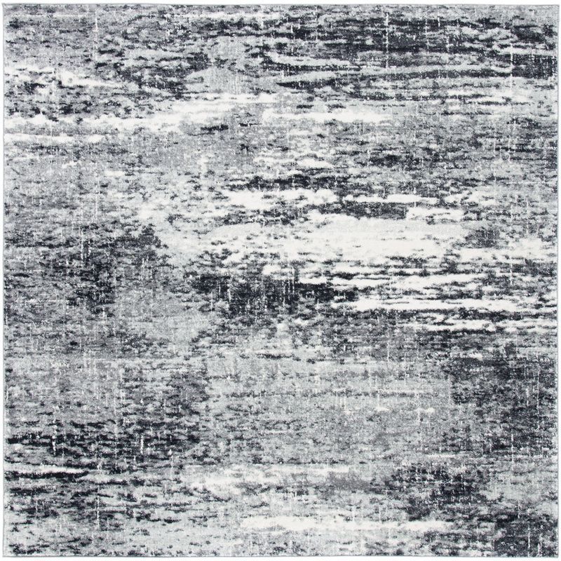 Ivory and Dark Grey Square Synthetic Hand-Knotted Rug