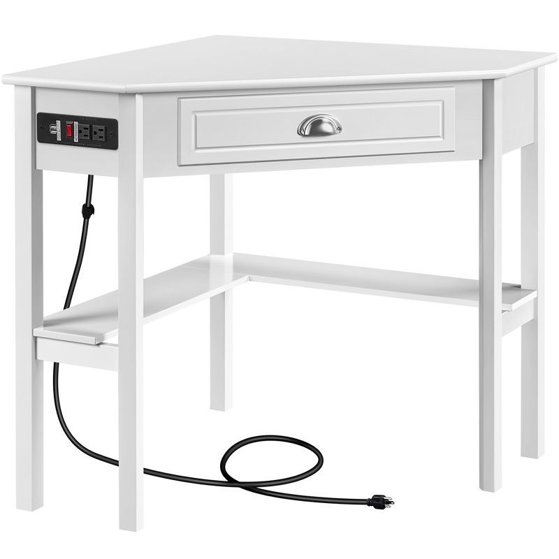 White Wood U-Shaped Corner Desk with Drawer and Power Outlet