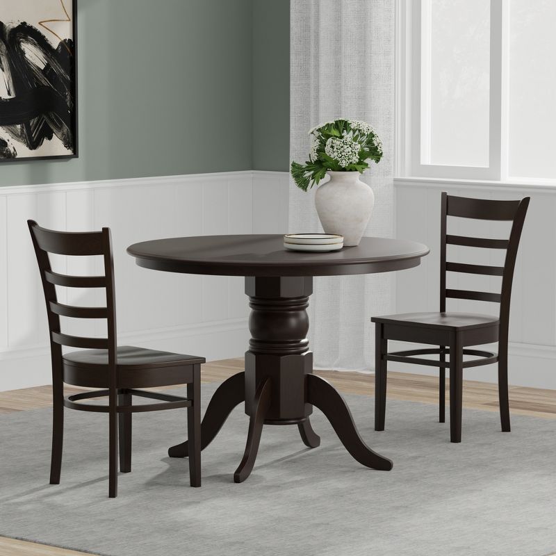 Dark Walnut Solid Wood Round Pedestal Dining Set with Slat Back Chairs