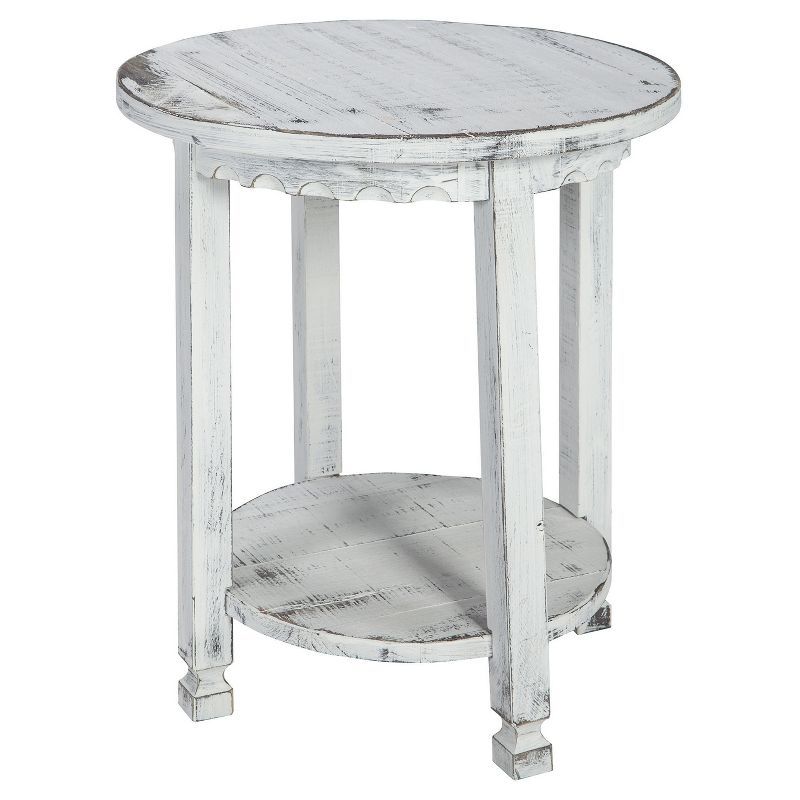 White Antique Round Wood End Table with Shelf