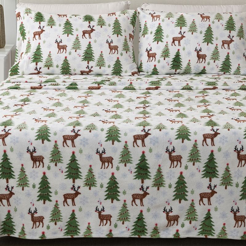 Queen Deer Trees and Snow Velvet Plush Fleece Sheet Set