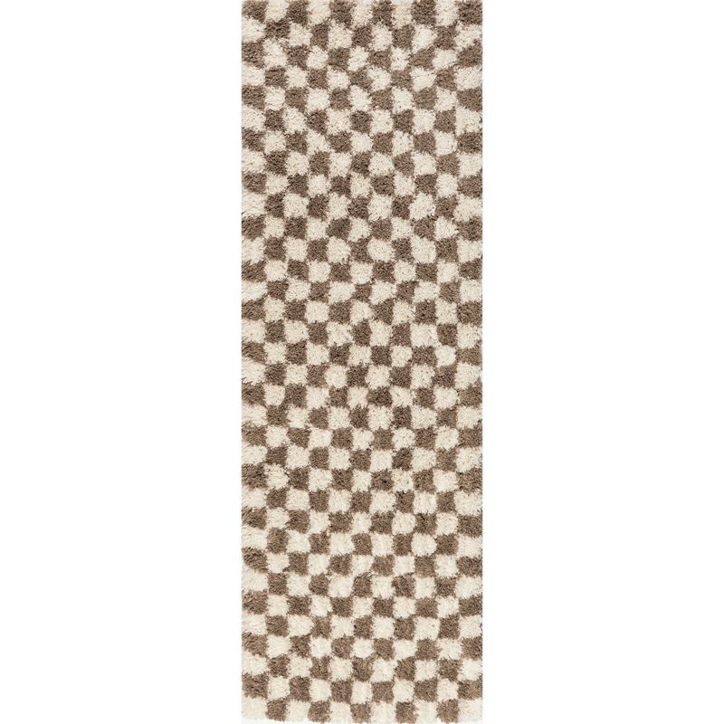 Adelaide Beige and Brown Synthetic Checkered Shag Runner Rug