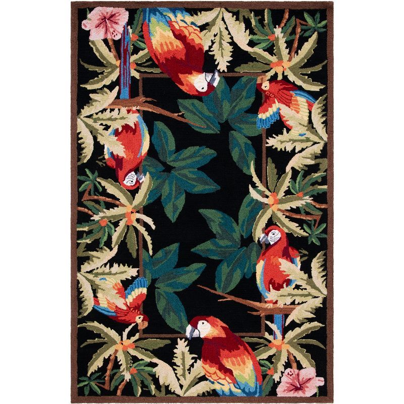 Handmade Black Wool Floral Parrot Area Rug 5'3" x 8'3"