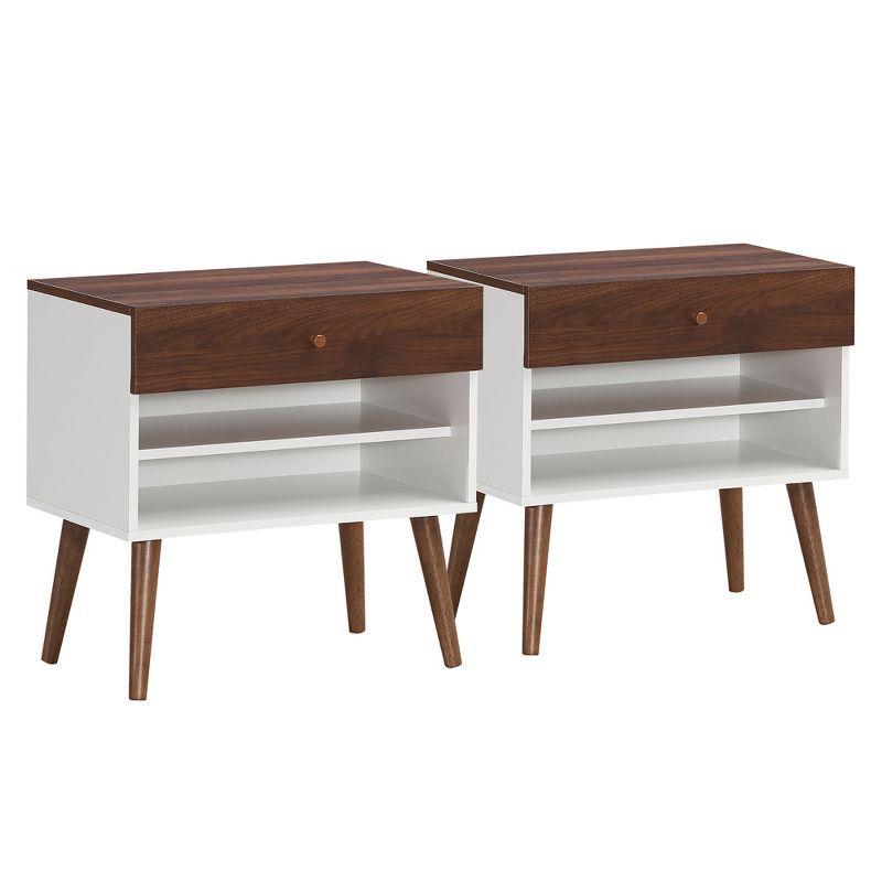 Walnut and White Mid-Century Modern 2-Drawer Nightstand Set