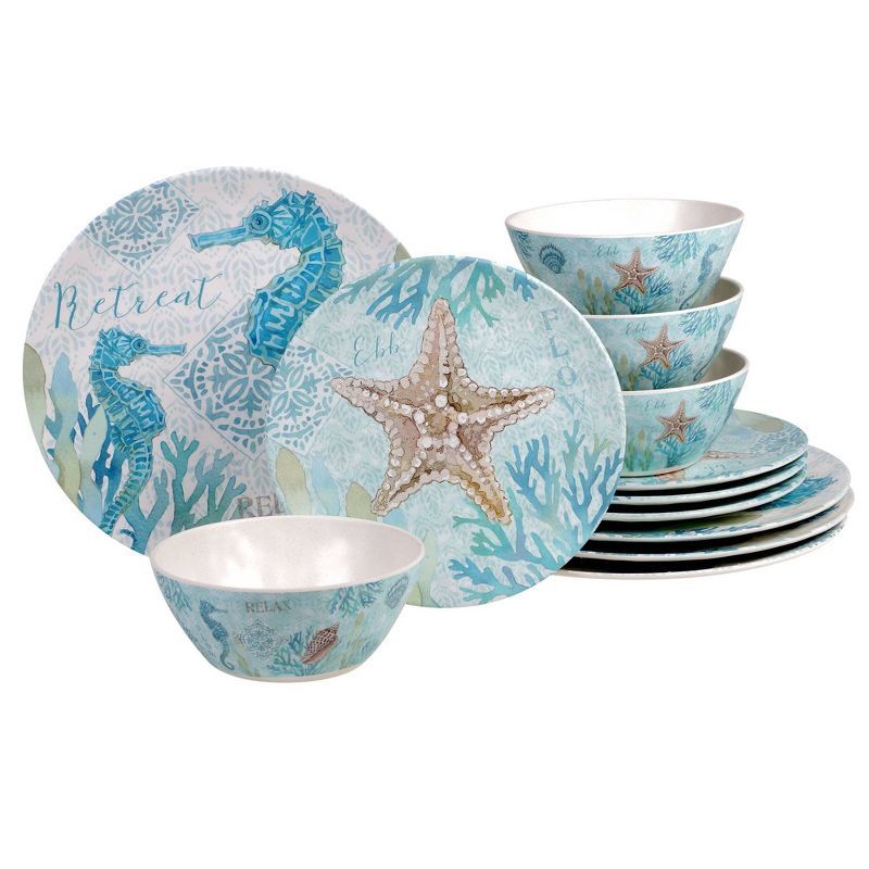 12-Piece Coastal Melamine Dinnerware Set with Animal Print