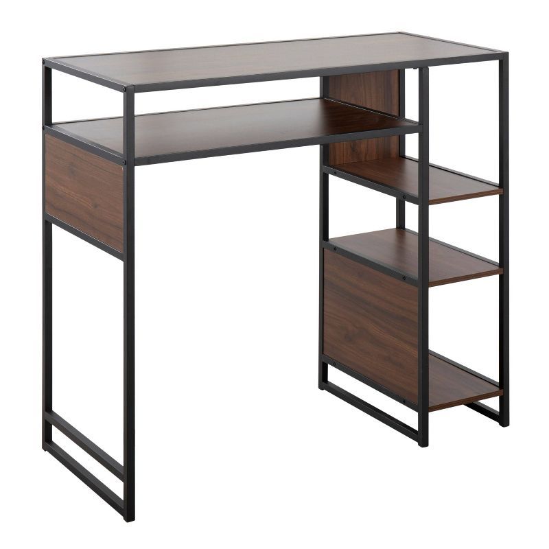 Walnut and Black Wood Counter Height Table with Storage Shelves