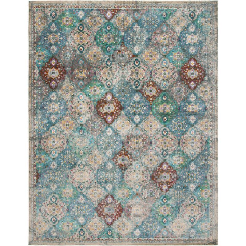 Ivory and Turquoise Hand-Knotted Viscose 8' x 10' Area Rug