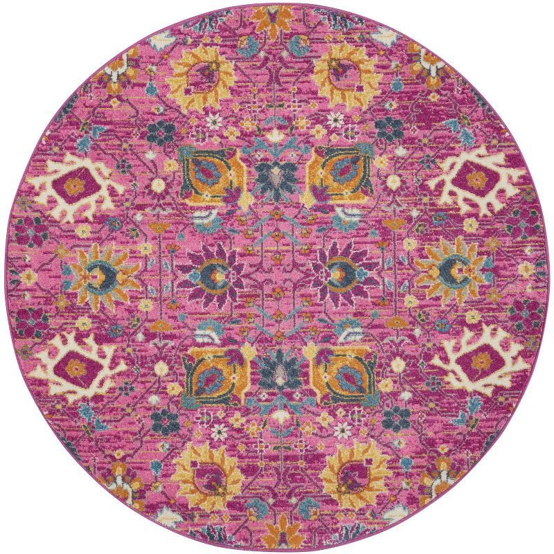 Fuchsia Floral Power-Loomed Round Synthetic Rug - 5'3"