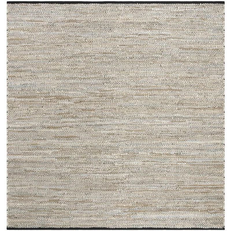 Beige 6' Square Handmade Leather Flat Woven Area Rug