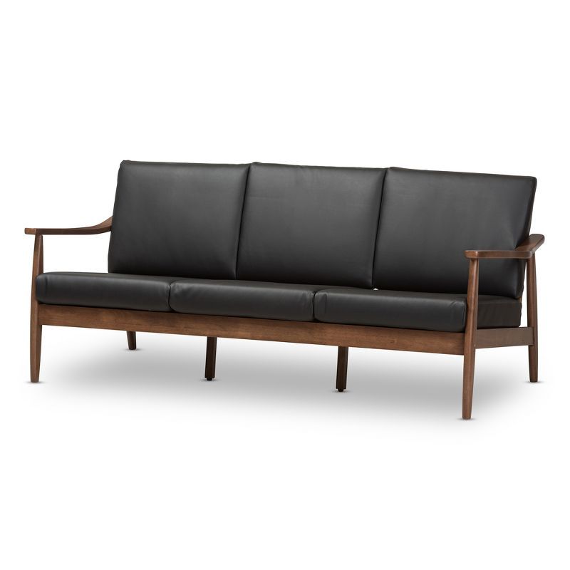 Venza Mid-Century Modern Black Faux Leather Walnut Wood 3-Seater Sofa