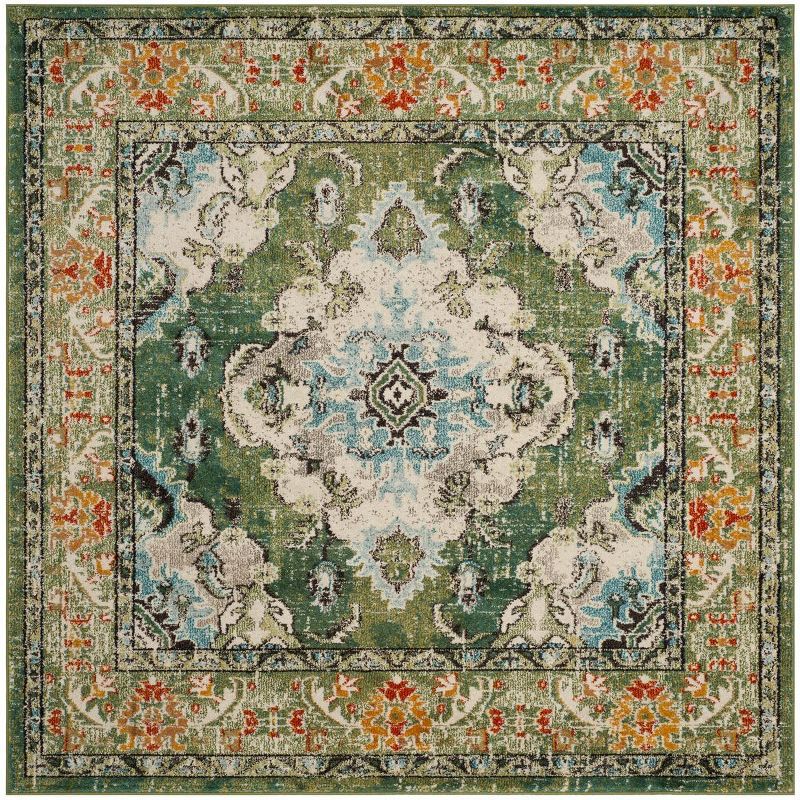 Forest Green and Light Blue Square Bohemian Rug