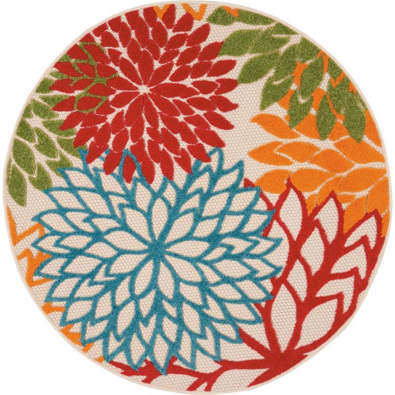 Green Floral Round Synthetic Flat Woven Area Rug