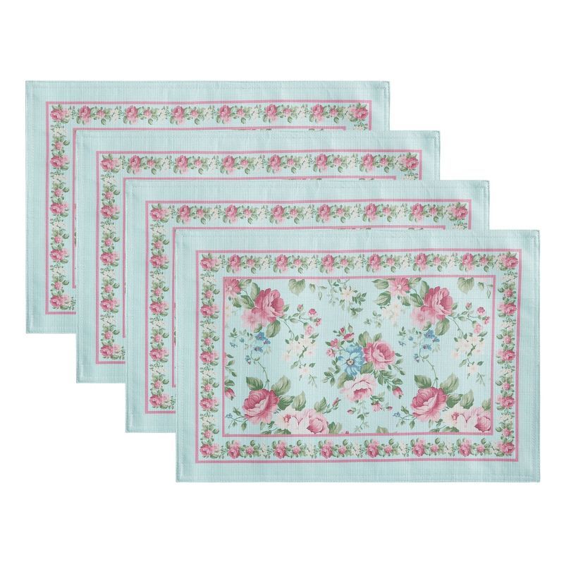 Vintage Floral Garden Blue Polyester Placemats, Set of 4