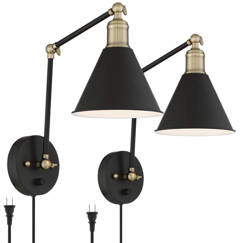 Black and Brass Adjustable Swing Arm Wall Lamp Set