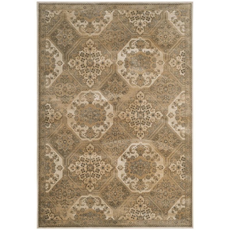 Beige and Cream Medallion Viscose Rectangular Area Rug