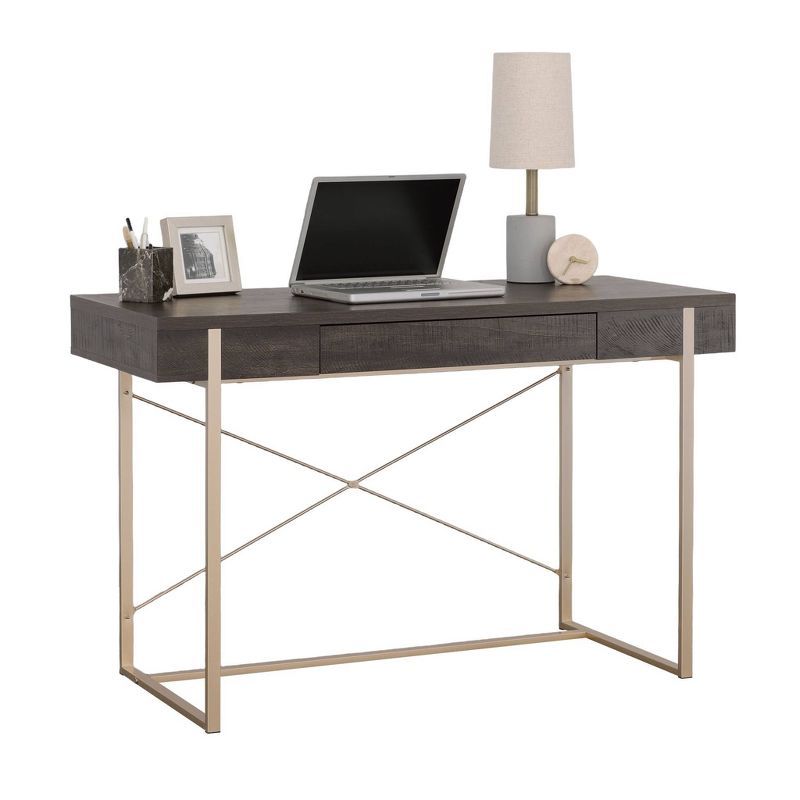 Blade Walnut Writing Desk with Gold Metal Frame and Drawer