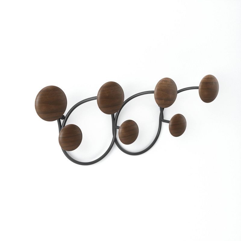 Black and Walnut 7-Hook Wall Mount with Circular Design