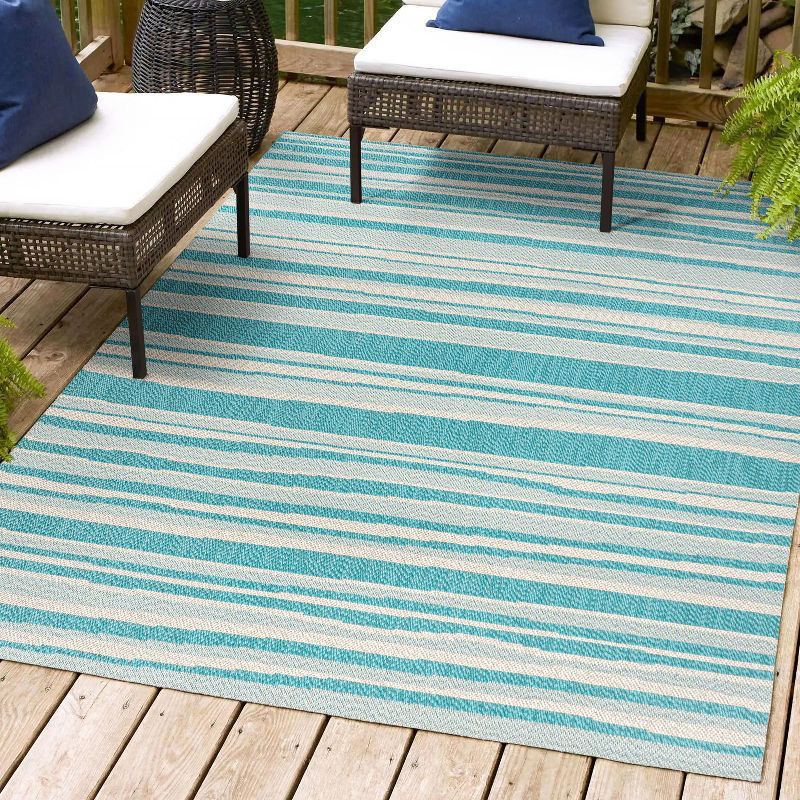 Aqua and Cream Stripe Synthetic 4' x 6' Indoor/Outdoor Rug